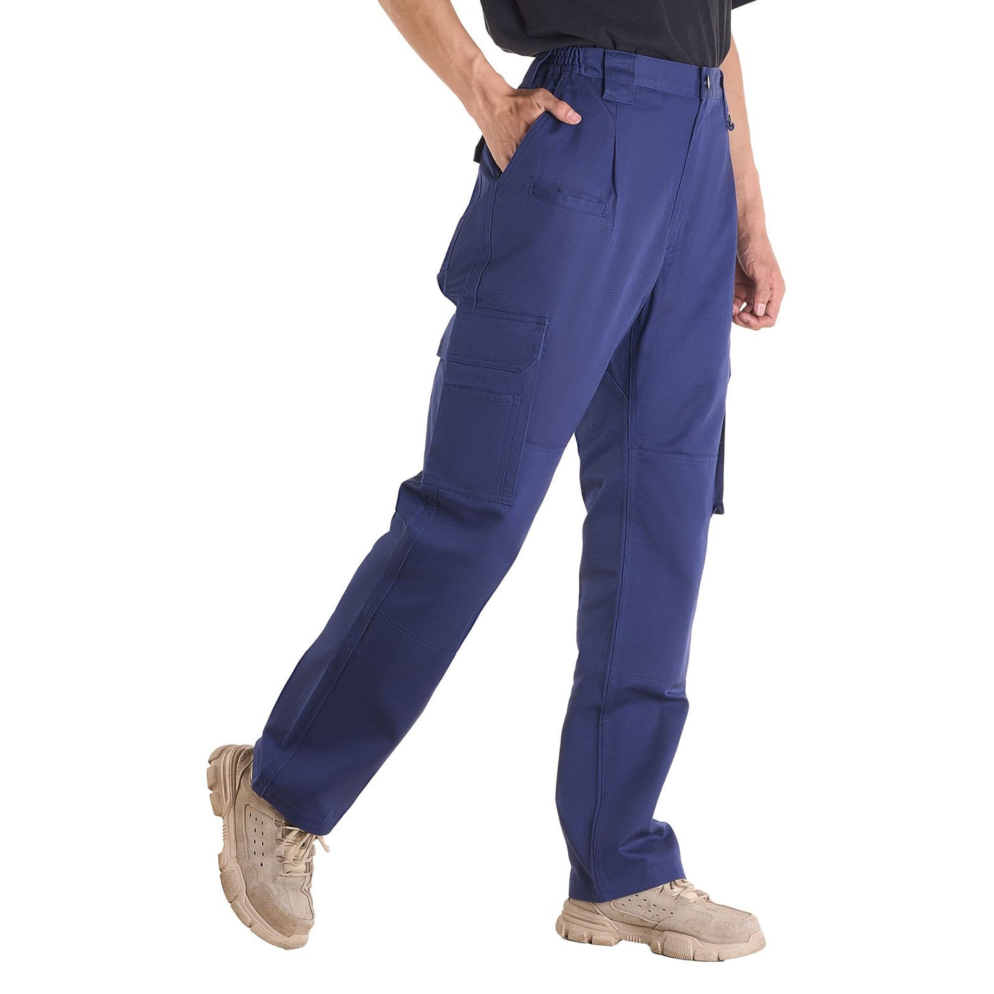FR Pants for Men, 9 oz 100% Cotton, Flame-Resistant Cargo Pants with Multi-Pockets and Elastic Waist, Reinforced Tear-proof Stitching, Ideal for Welding Work and Casual Wear, L Size, Dark Blue