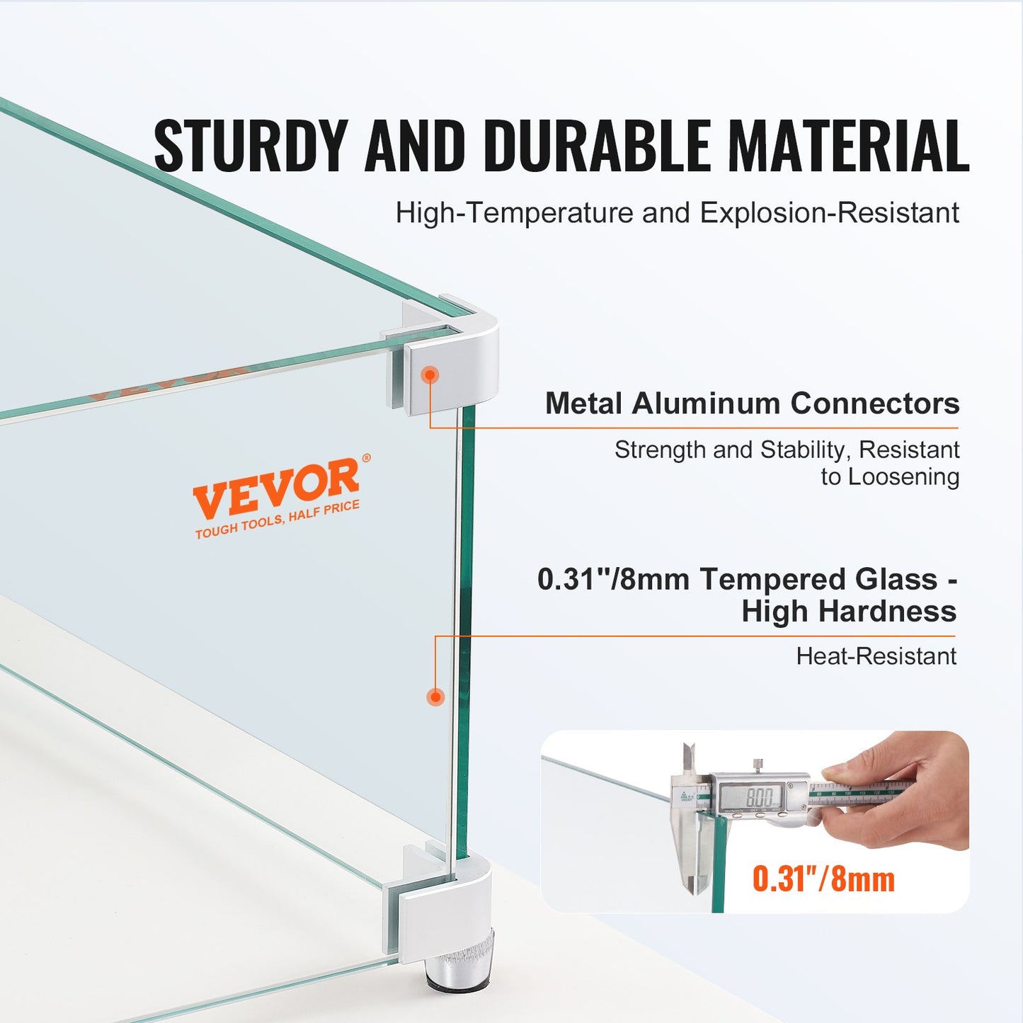 Gas Fire Pit Vindskydd för fyrkantigt brandbord, 380 x 380 x 180 mm Klart härdat vindskydd för eldstäder, 8 mm tjock fyrkantig glassköld, glaspanel med hårt hörnfäste och fötter