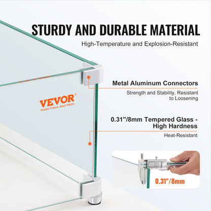 Gas Fire Pit Vindskydd för fyrkantigt brandbord, 380 x 380 x 180 mm Klart härdat vindskydd för eldstäder, 8 mm tjock fyrkantig glassköld, glaspanel med hårt hörnfäste och fötter