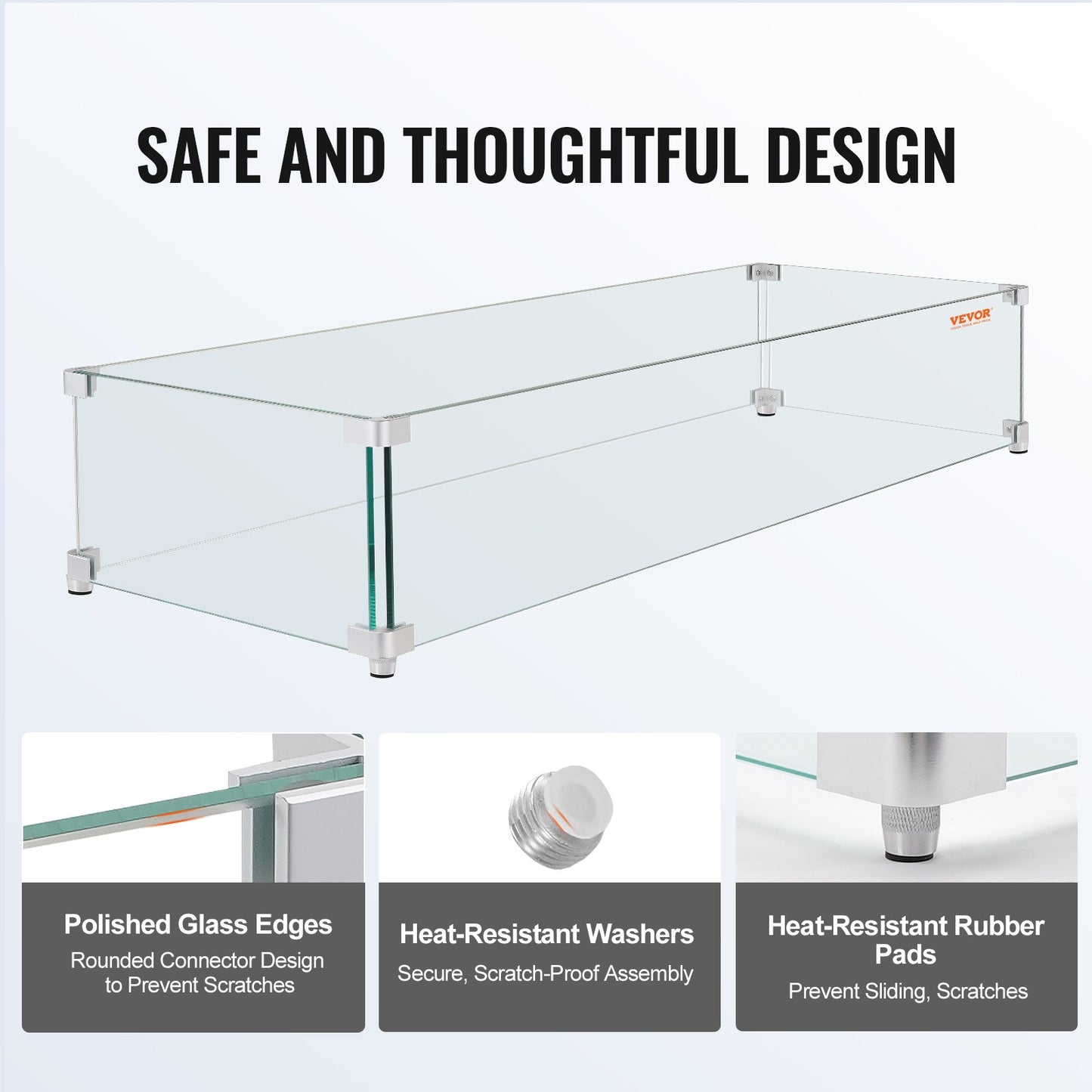 Gas Fire Pit Vindskydd för fyrkantigt brandbord, 595 x 190 x 165 mm Klart härdat vindskydd för eldstäder, 8 mm tjock fyrkantig glassköld, glaspanel med hårt hörnfäste och fötter