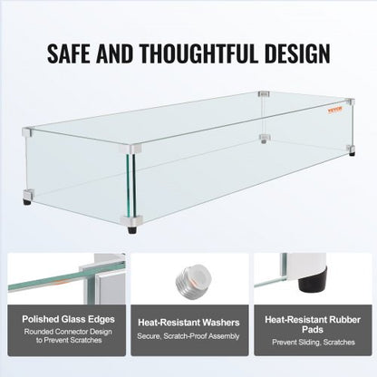 Glas-Windschutz für rechteckigen Feuertisch 798 x 317 x 165 mm, 8 mm starke und robuste Hartglasplatte mit Hartaluminium-Eckwinkel und Gummifüßen, einfach zu montieren | EU