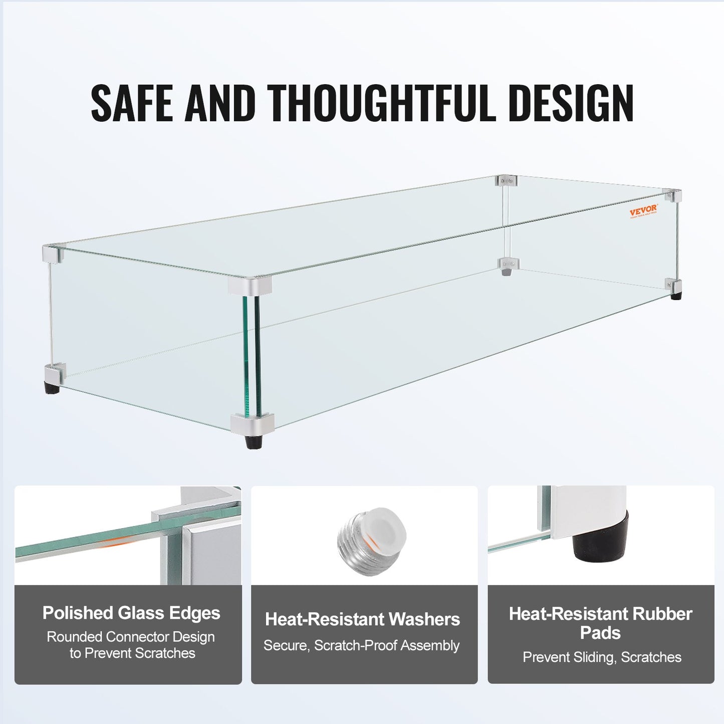 Glass Wind Guard for Rectangular Fire Pit Table 31 x 12.5 x 6.5 Inch, 0.31 inch Thick and Sturdy Tempered Glass Panel with Hard Aluminum Corner Bracket & Rubber Feet, Easy to Assemble