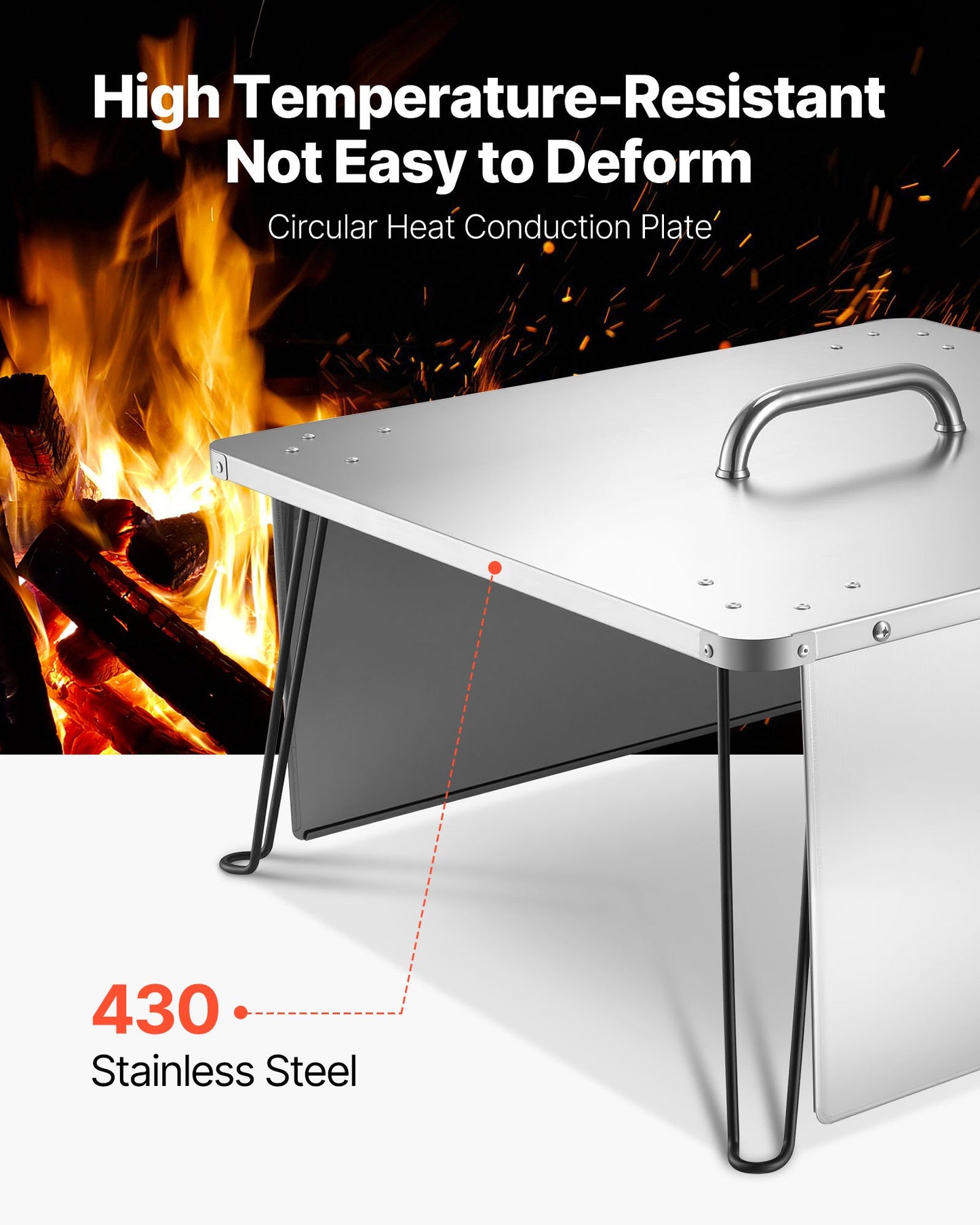 Fire Pit Heat Deflector, 25.4x25.4x14.6 inch Square Outdoor Burner Cover, Stainless Steel Bonfire Camping Wood Burning, Push Heat Down and Out with 4 Foldable Legs & Carrying Handle