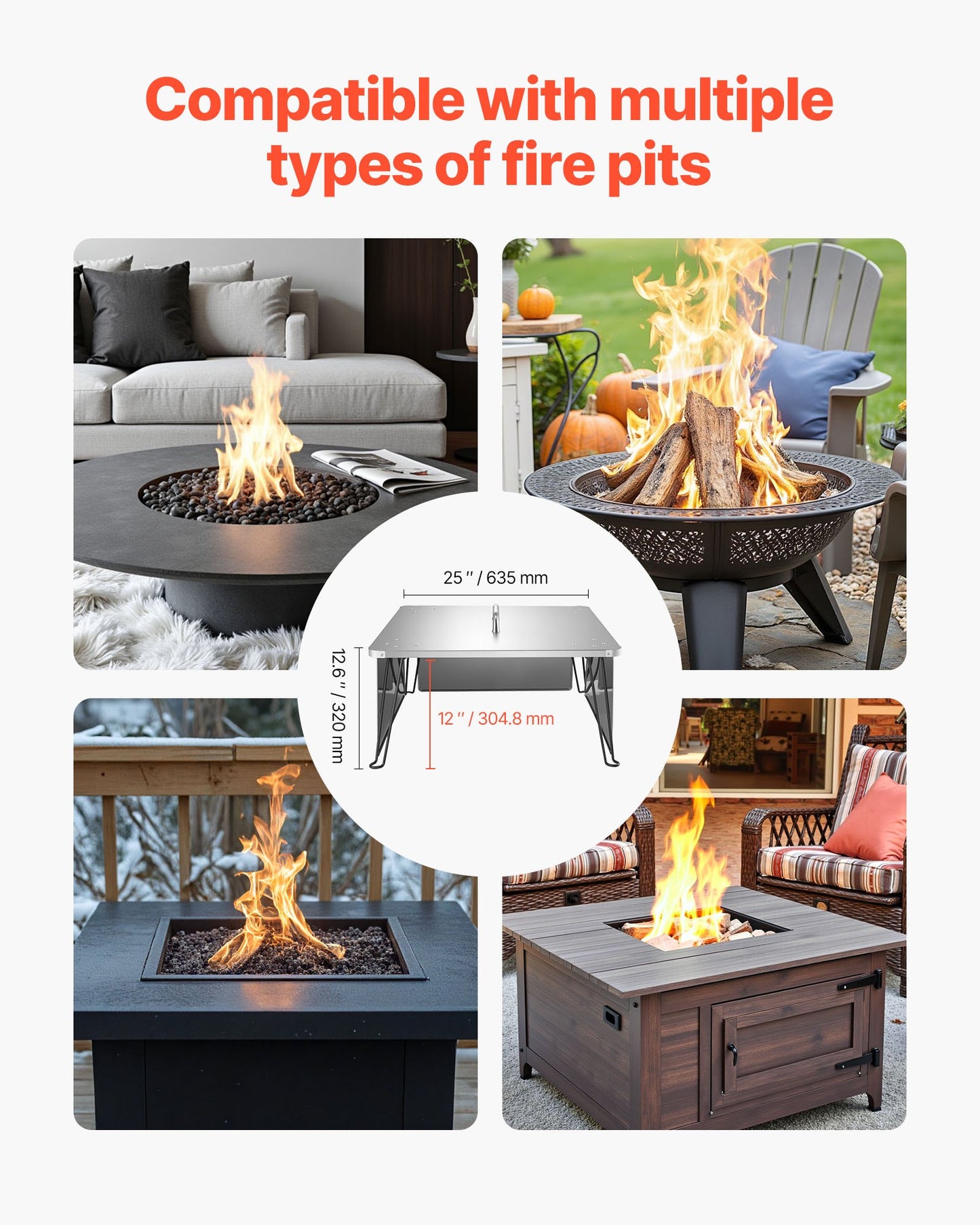 Fire Pit Heat Deflector, 25.4x25.4x14.6 inch Square Outdoor Burner Cover, Stainless Steel Bonfire Camping Wood Burning, Push Heat Down and Out with 4 Foldable Legs & Carrying Handle