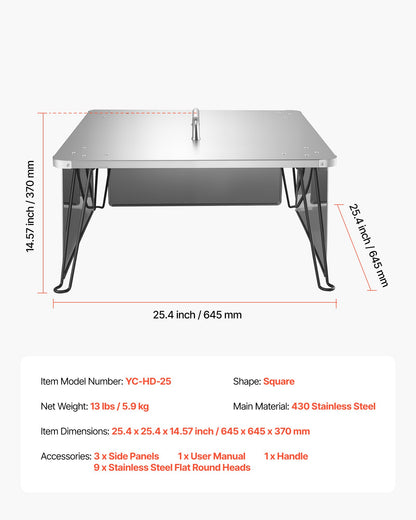 Fire Pit Heat Deflector, 25.4x25.4x14.6 inch Square Outdoor Burner Cover, Stainless Steel Bonfire Camping Wood Burning, Push Heat Down and Out with 4 Foldable Legs & Carrying Handle