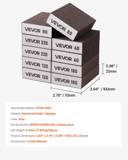 Sanding Sponge, 10 Pcs, 60/80/120/180/220 Grit Assortment(2 Each), Washable and Reusable Sanding Blocks for Dry & Wet Use, Coarse to Fine Sandpaper Blocks, for Drywall Wood Metal Furniture