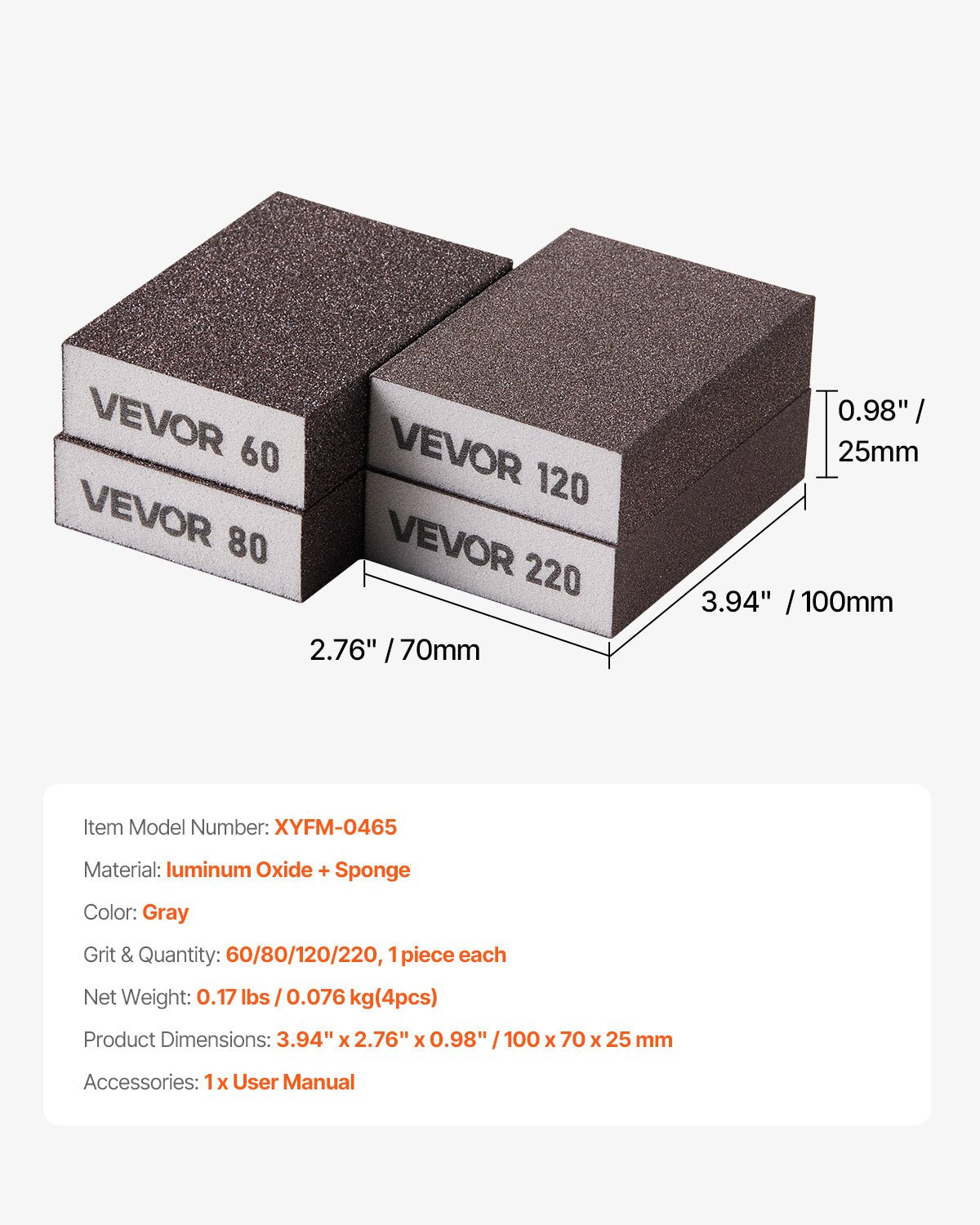 Sanding Sponge, 4 Pcs, 60/80/120/220 Grit Assortment, Washable and Reusable Sanding Blocks for Dry & Wet Use, Coarse to Fine Sandpaper Blocks, for Polishing Drywall Wood Plastic Metal Furniture