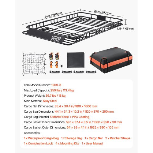 Dachgepäckträger-Gepäckträgerkorb 64 x 39 x 4,1 Zoll Autodachgepäckträger Gepäckträger | EU