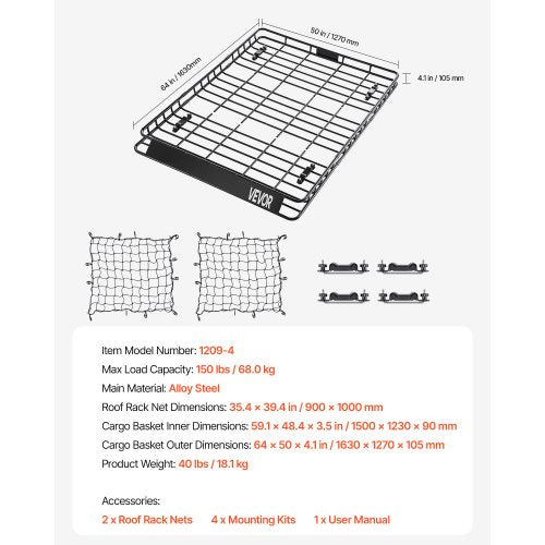Takräcke Lasthållarkorg 64 x 50 x 4,1 tum Bilens sufflett Bagagehållarnät |  EU