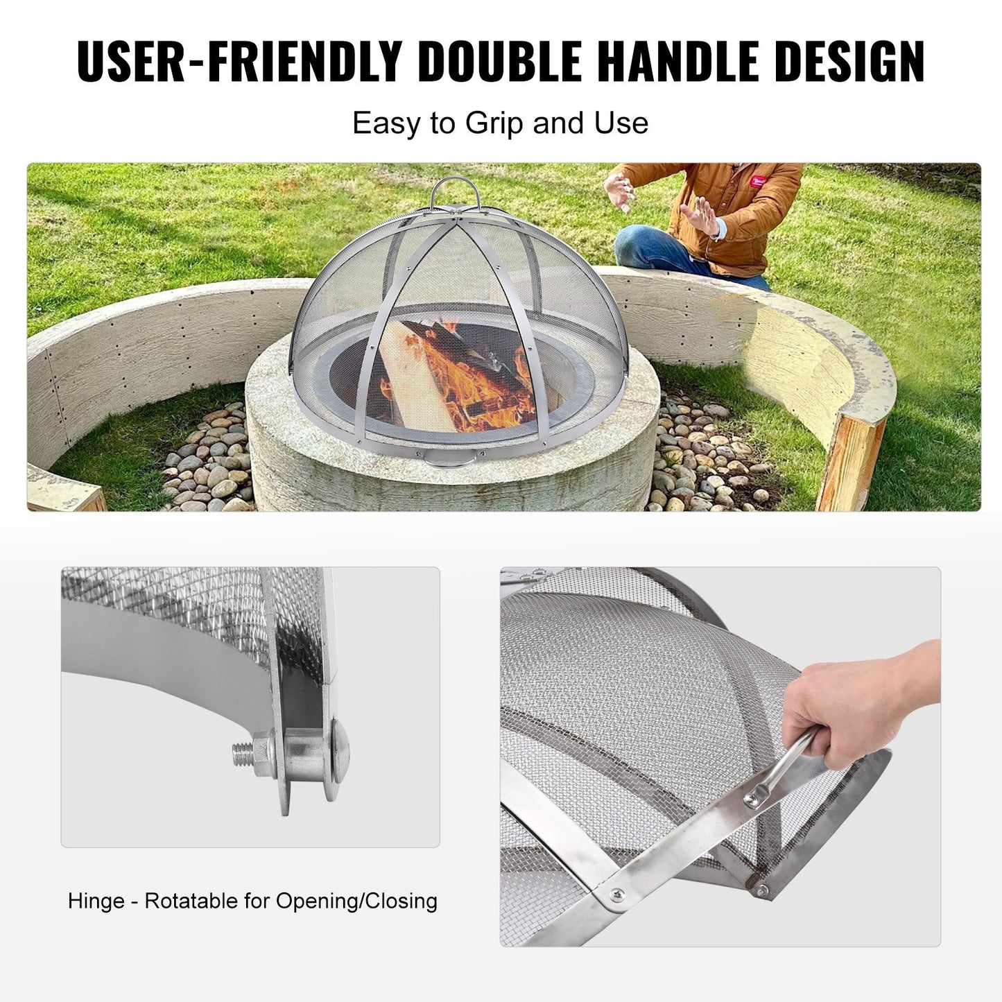 Firepit Spark Screen Lid, 36" Diameter, Outdoor Firepit Ring Cover Round Accessories, Fire Pit Metal Cover, Easy-Opening Stainless Steel Fire Ring Covers for Outdoor Patio Fire Pits Backyard