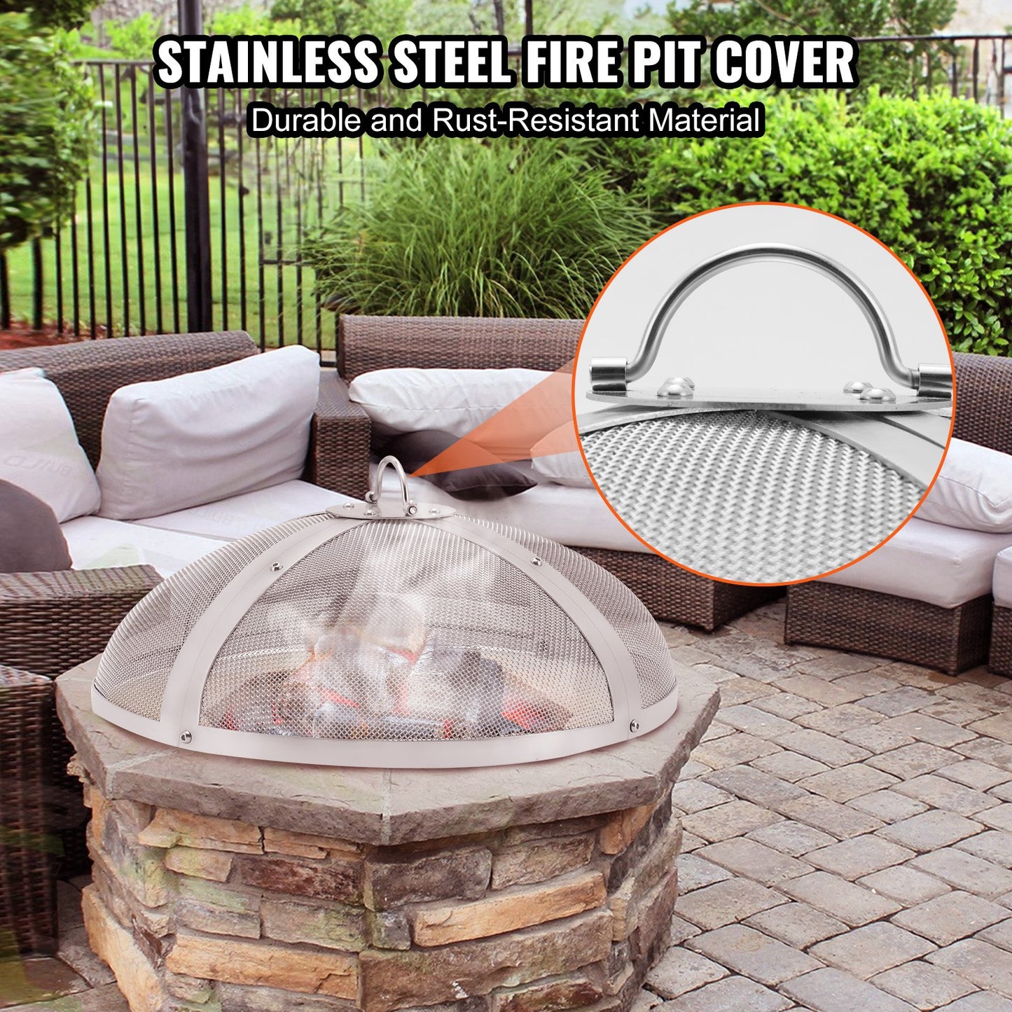 Fire Pit Spark Screen Round 27", Reinforced Heavy Duty Steel Metal Cover, Outdoor Firepit Cover, Easy Opening Top Screen Cover Round with Ring Handle for Outdoor Patio Fire Pit Backyard