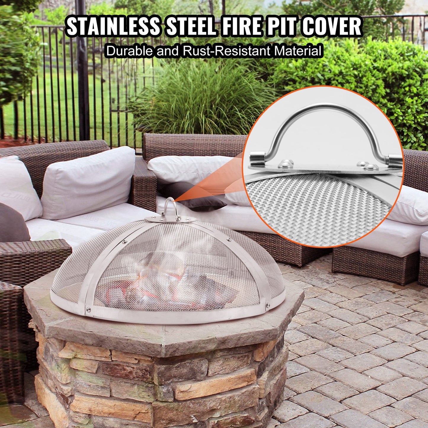 Fire Pit Spark Screen Round 36", Reinforced Heavy Duty Steel Metal Cover, Outdoor Firepit Cover, Easy-Open Top Screen Covers Round with Ring Handle for Outdoor Patio Fire Pit Backyard