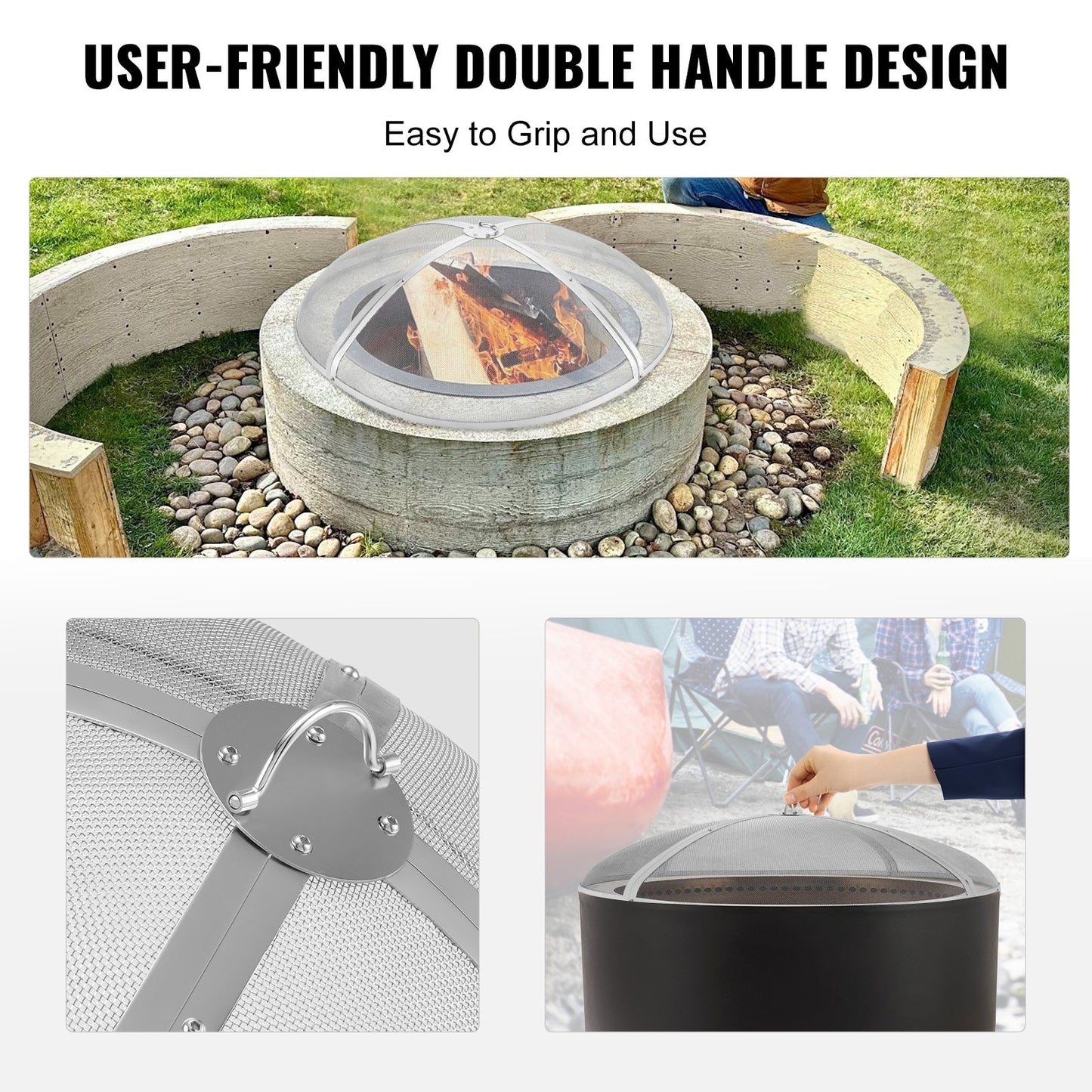 Fire Pit Spark Screen Round 36", Reinforced Heavy Duty Steel Metal Cover, Outdoor Firepit Cover, Easy-Open Top Screen Covers Round with Ring Handle for Outdoor Patio Fire Pit Backyard