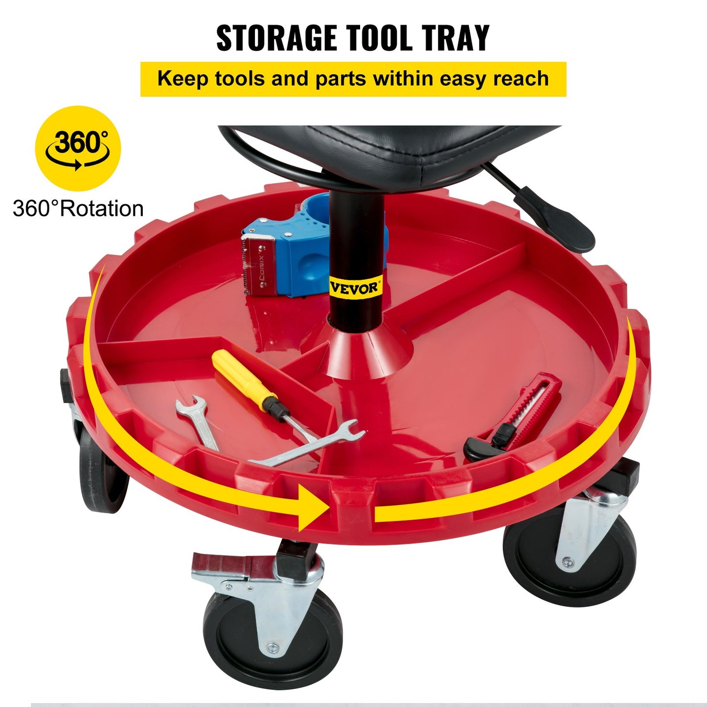 Rolling Gear Seat, 300LBS Capacity, 18"-23" Height Adjustable, Mobile Mechanic Garage Stool with Tool Tray and 5" Casters, Pneumatic Stool for Workshop, Garage, Auto Repair Shop