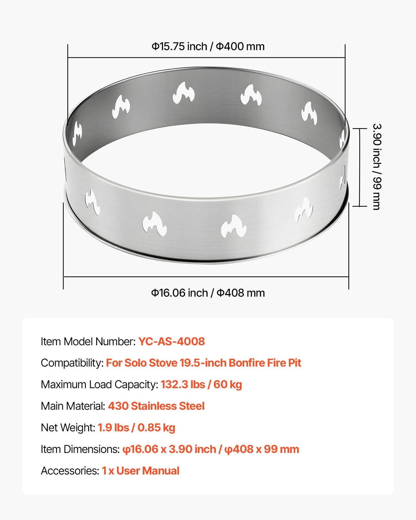 Fire Pit Stand for Solo Stove Bonfire,19.5 Inch Smokeless Fire Pit Ring,Stainless Steel Fireplace Stove Ranger Support Frame Accessory, Portable Outdoor Camping Holder Tools for Fireplace