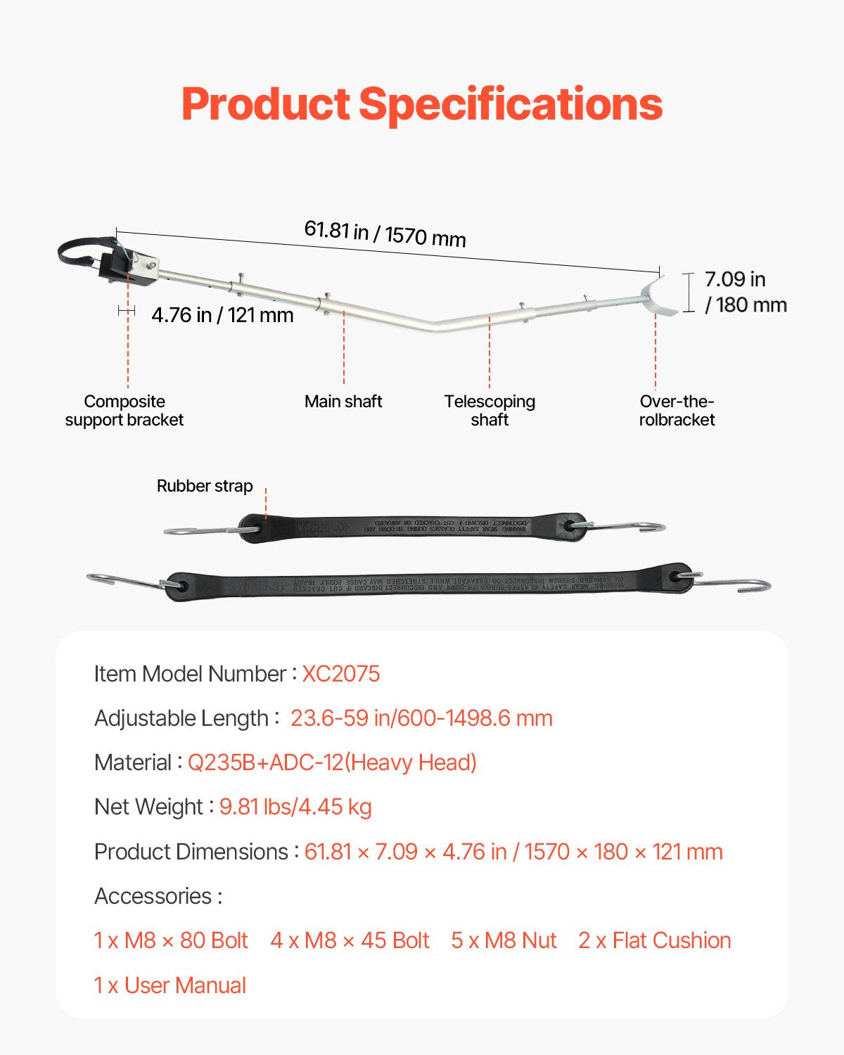 Transom Saver, 23.6-59 in, Adjustable Boat Transom Saver with Composite Head, Corrosion-Resistant Easy-to-Install Transom Savers for Less Than 150 HP Outboard Motor , Fit for Roller & Trailer