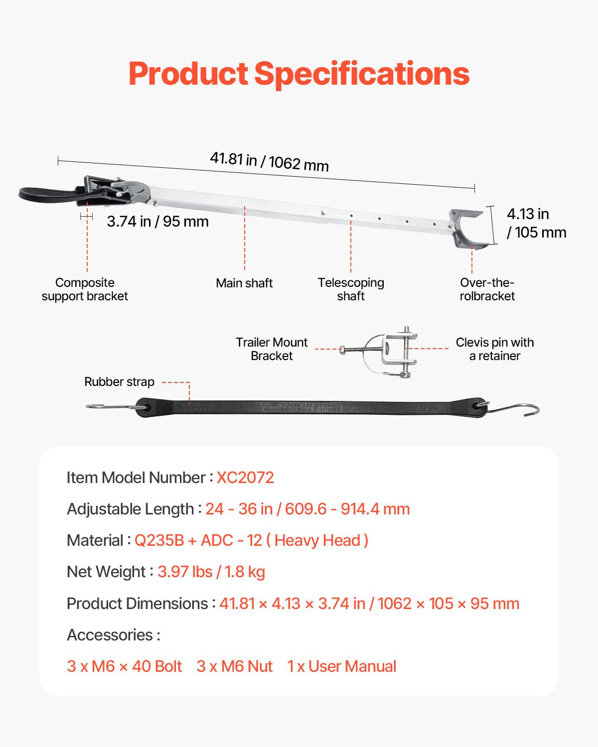 Transom Saver, 24-36 in, Adjustable Boat Transom Saver with Composite Head, Corrosion-Resistant Easy-to-Install Transom Savers for Less Than 100 HP Outboard Motor , Fit for Roller & Trailer
