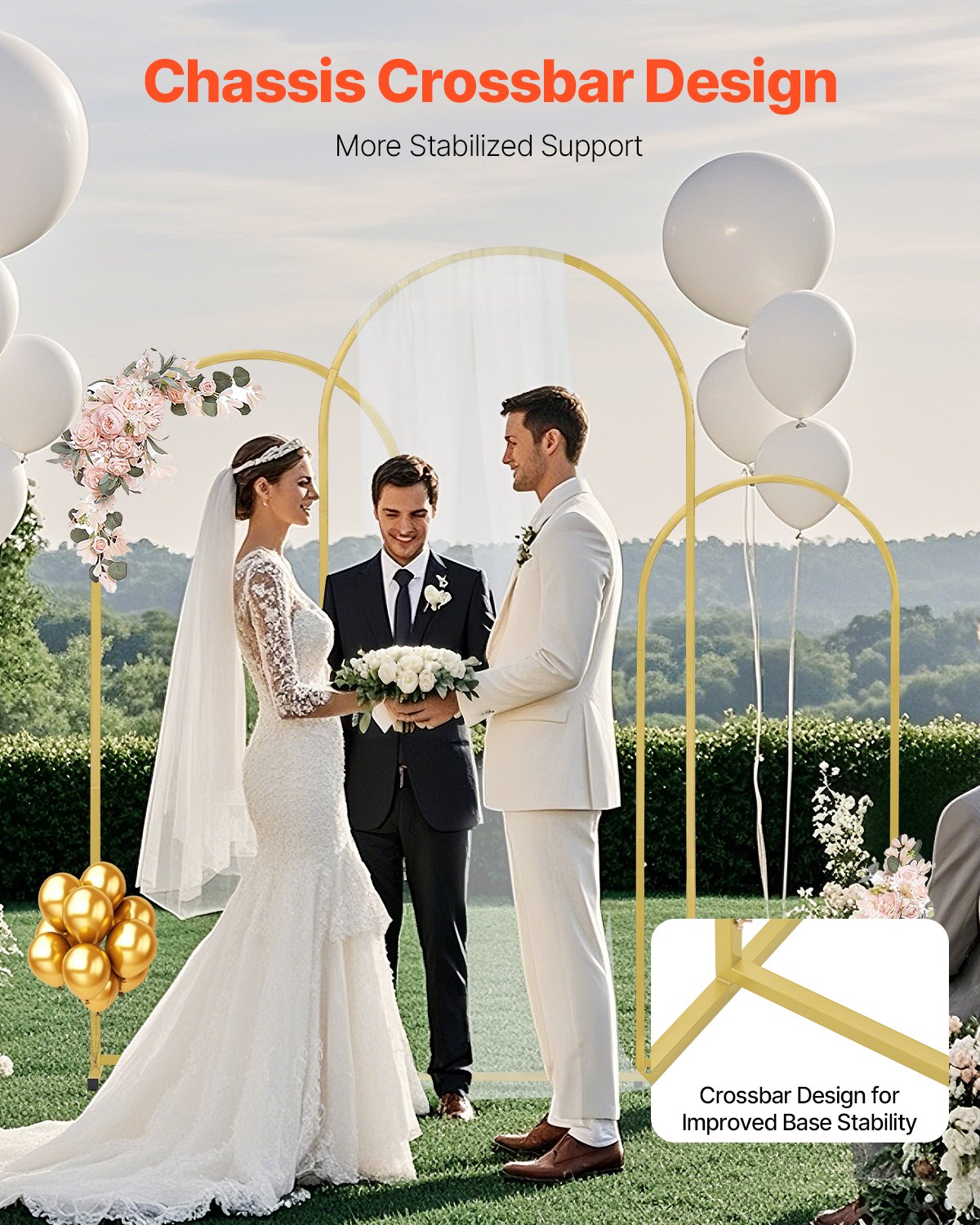 Wedding Arch Backdrop Stand, Set of 3, Metal Stable Stand with Case Connection & Chassis Crossbar Design, Easy-to-Assemble Gold Stand with Premium Metal, Fit for Birthday, Celebration, Holiday