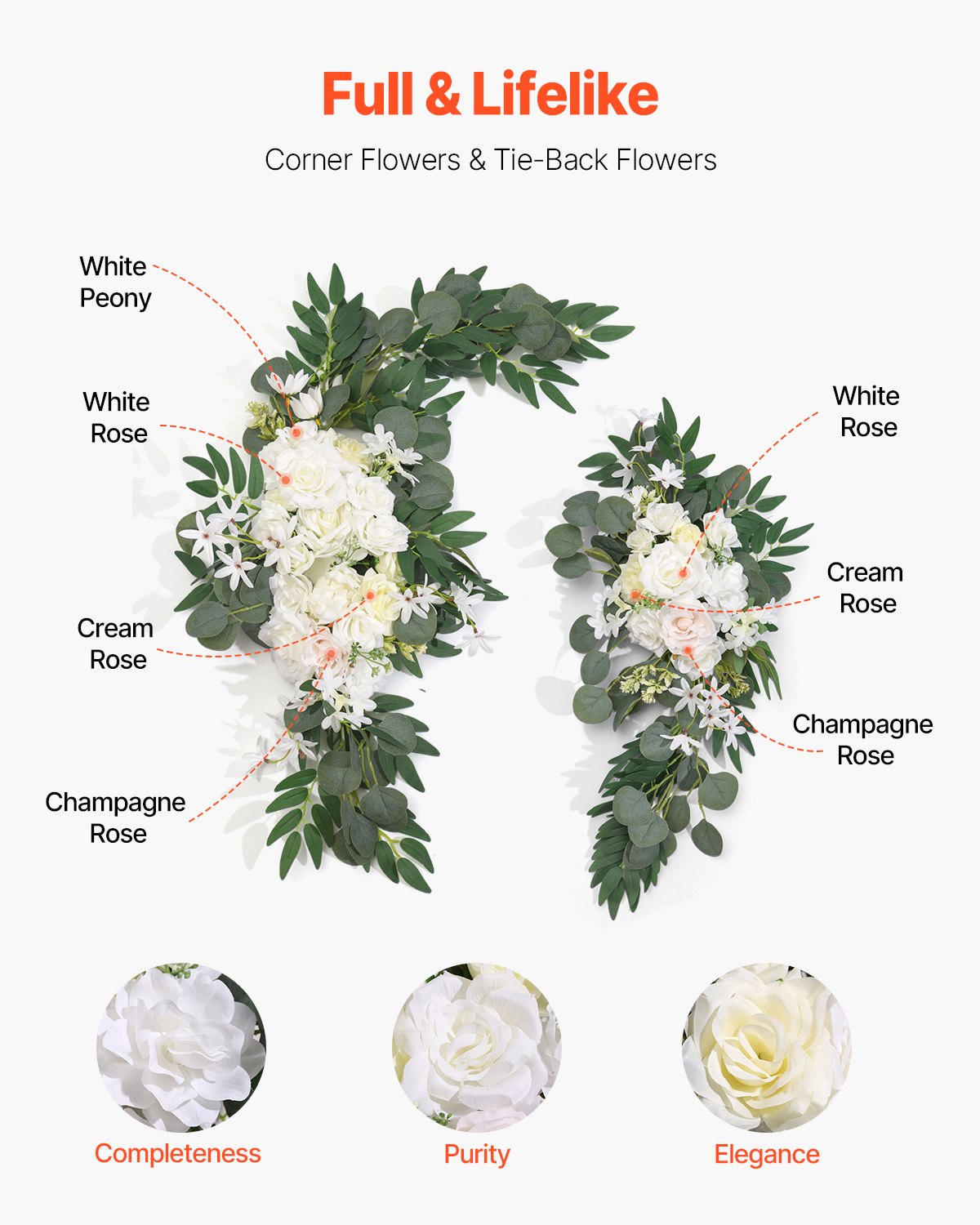 Künstlicher Hochzeitsbogen, Blumen-Set, weiß, mit 2 Blumen und 1 Vorhang