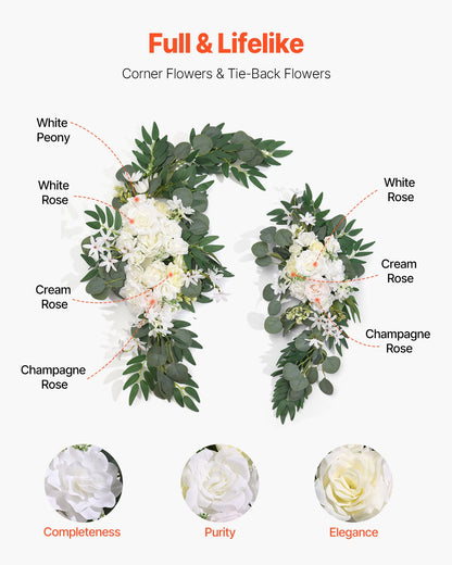 Künstlicher Hochzeitsbogen, Blumen-Set, weiß, mit 2 Blumen und 1 Vorhang