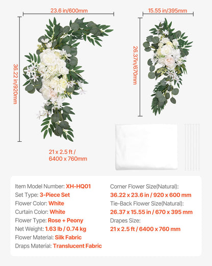 Künstlicher Hochzeitsbogen, Blumen-Set, weiß, mit 2 Blumen und 1 Vorhang