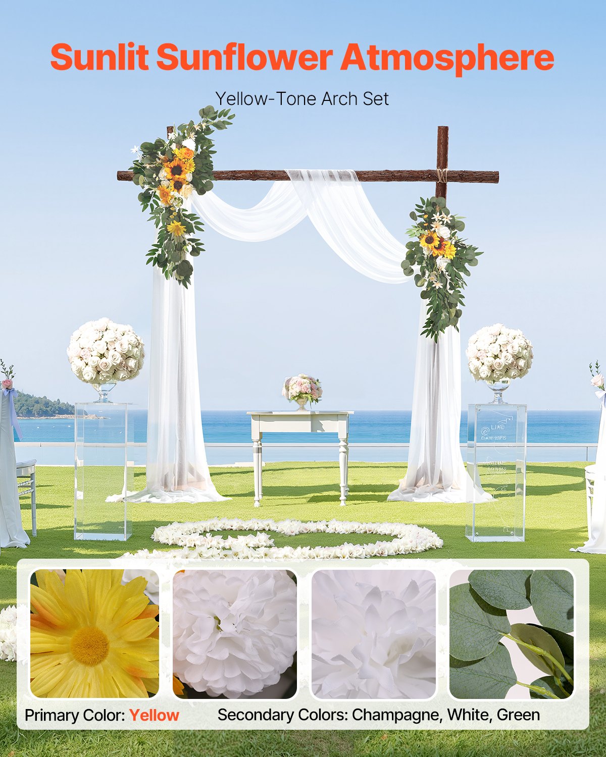 Artificial Wedding Arch Flowers Kit Yellow With 2 Pcs Flowers 1 Pcs Drapes