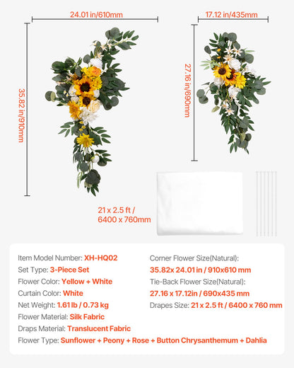 Artificial Wedding Arch Flowers Kit Yellow With 2 Pcs Flowers 1 Pcs Drapes