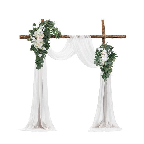 Artificial Wedding Arch Flowers Kit, White Wedding Arch Flowers with Drapes Kit (Pack of 4) - 2 Pcs Floral Arrangement, 2 Pcs Sheer Drapes, for Ceremony Bouquets Reception Backdrop Decoration