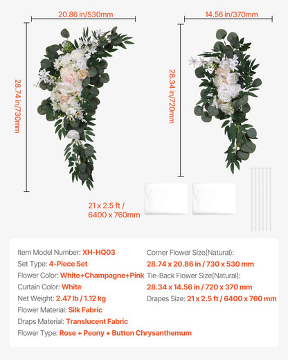 Künstlicher Hochzeitsbogen Blumen Set Weiß mit 2 Stück Blumen 2 Stück Vorhänge