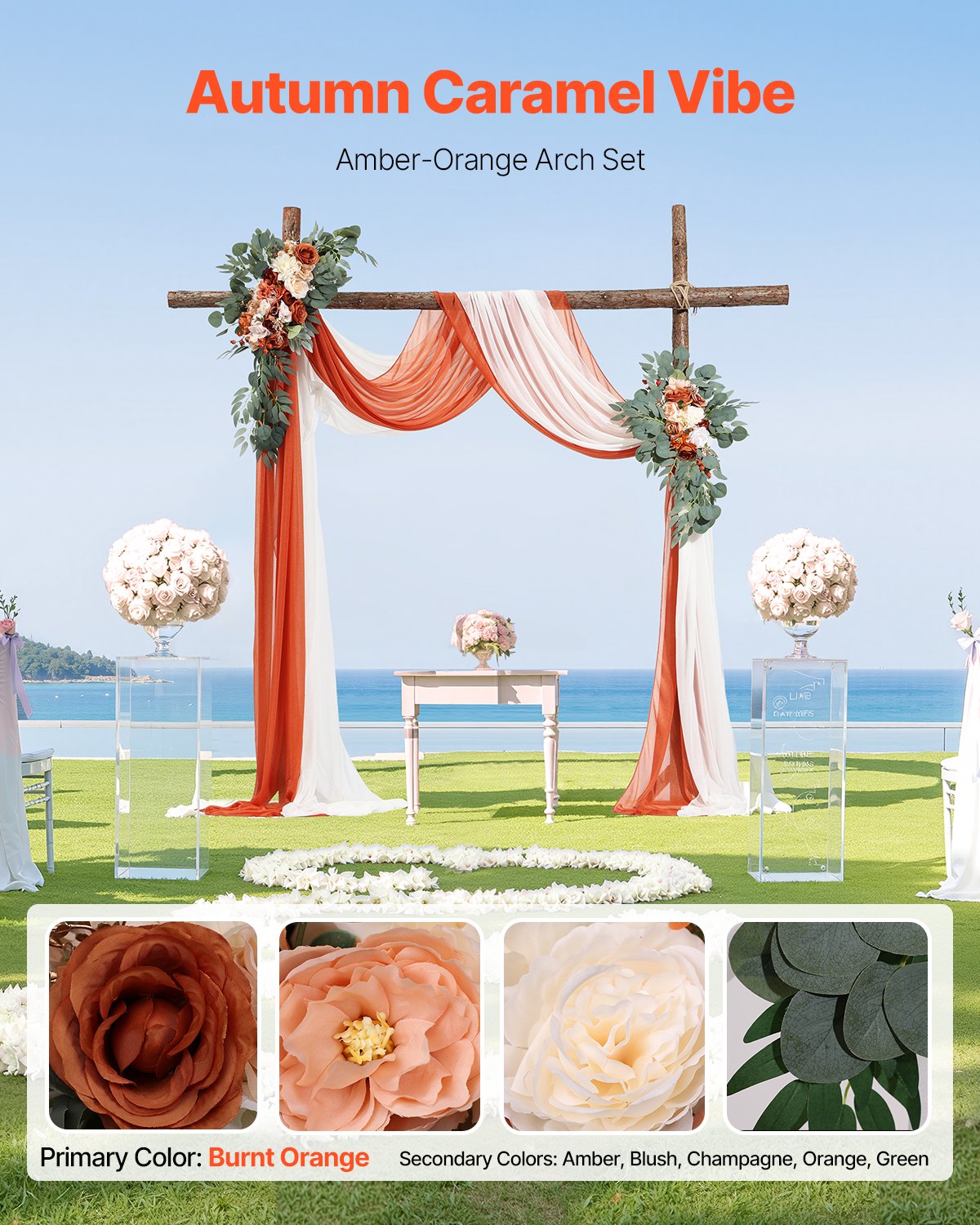 Künstlicher Hochzeitsbogen Blumen Set Orange mit 2 Stück Blumen 2 Stück Vorhänge
