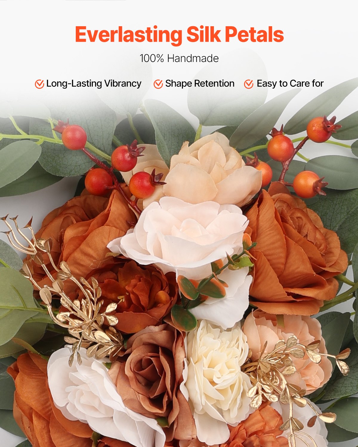 Künstlicher Hochzeitsbogen Blumen Set Orange mit 2 Stück Blumen 2 Stück Vorhänge