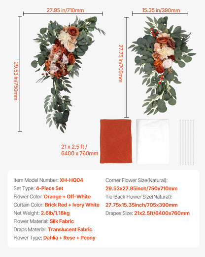 Künstlicher Hochzeitsbogen Blumen Set Orange mit 2 Stück Blumen 2 Stück Vorhänge