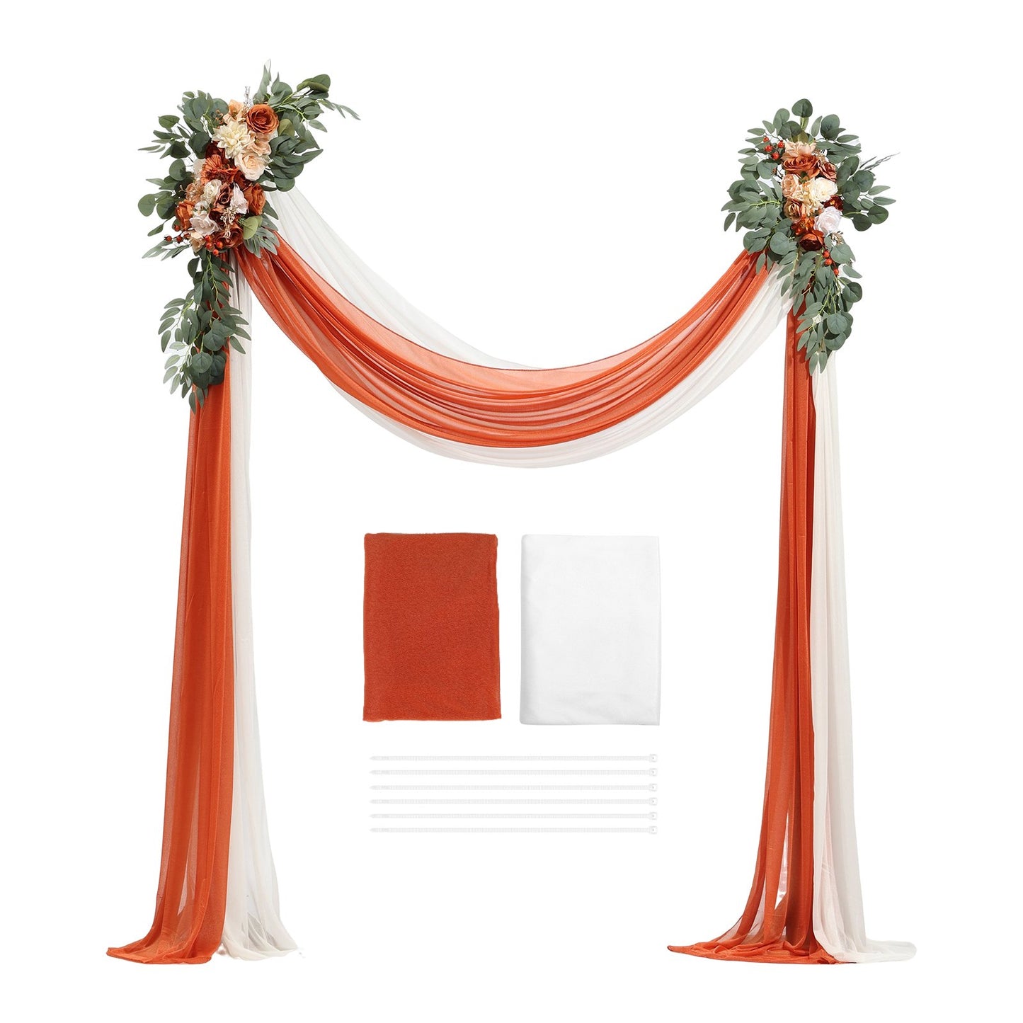 Künstlicher Hochzeitsbogen Blumen Set Orange mit 2 Stück Blumen 2 Stück Vorhänge