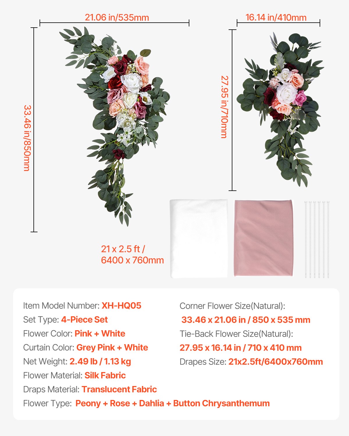 Konstgjorda Bröllopsbåge Blommor Kit Rosa Med 2 st Blommor 2 st Draperier