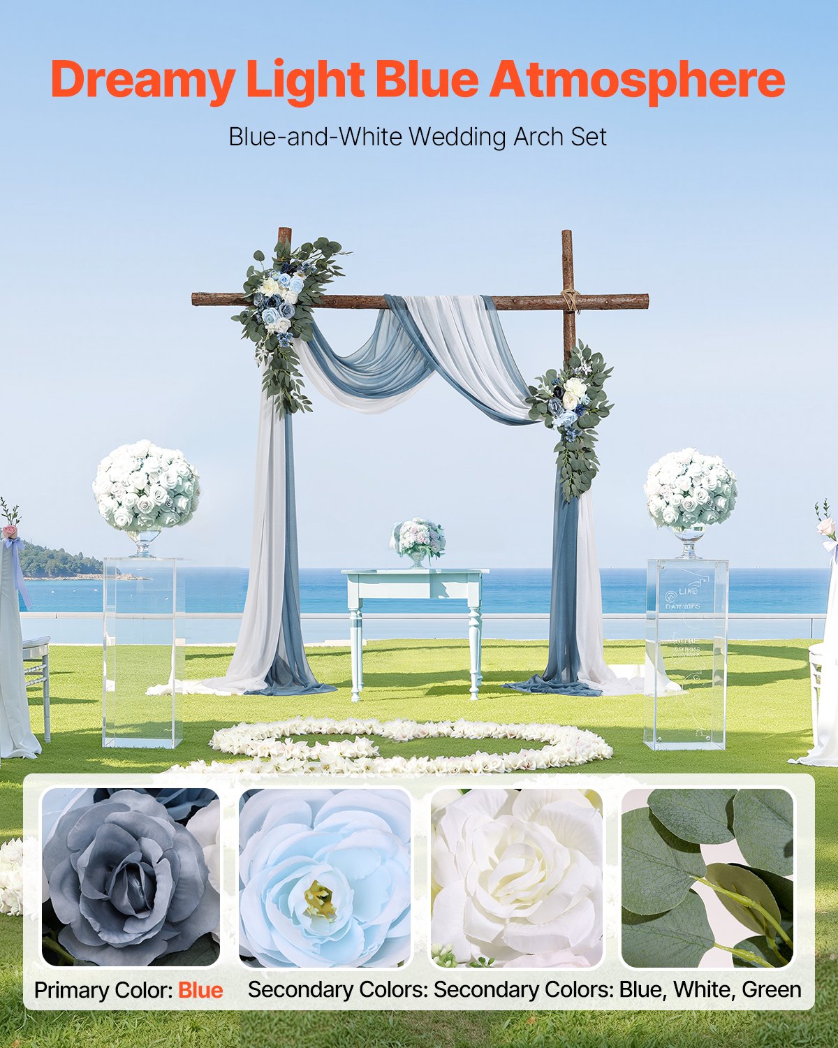 Künstlicher Hochzeitsbogen Blumen Set Blau mit 2 Stück Blumen 2 Stück Vorhänge