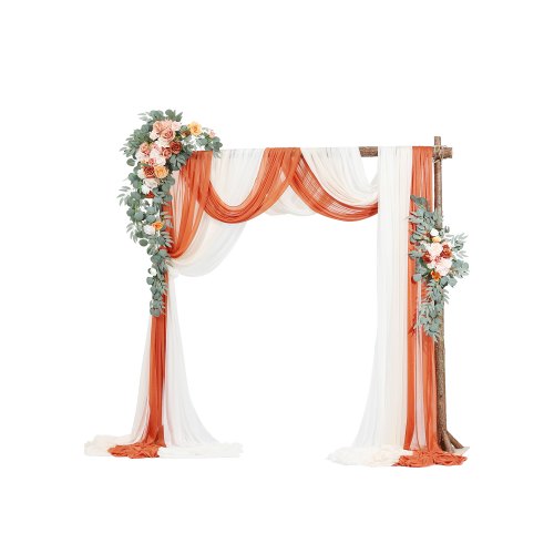 Artificial Wedding Arch Flowers Kit, Orange Wedding Arch Flowers with Drapes Kit (Pack of 5) - 2 Pcs Floral Arrangement, 3 Pcs Sheer Drapes, for Ceremony Bouquets Reception Backdrop Decoration
