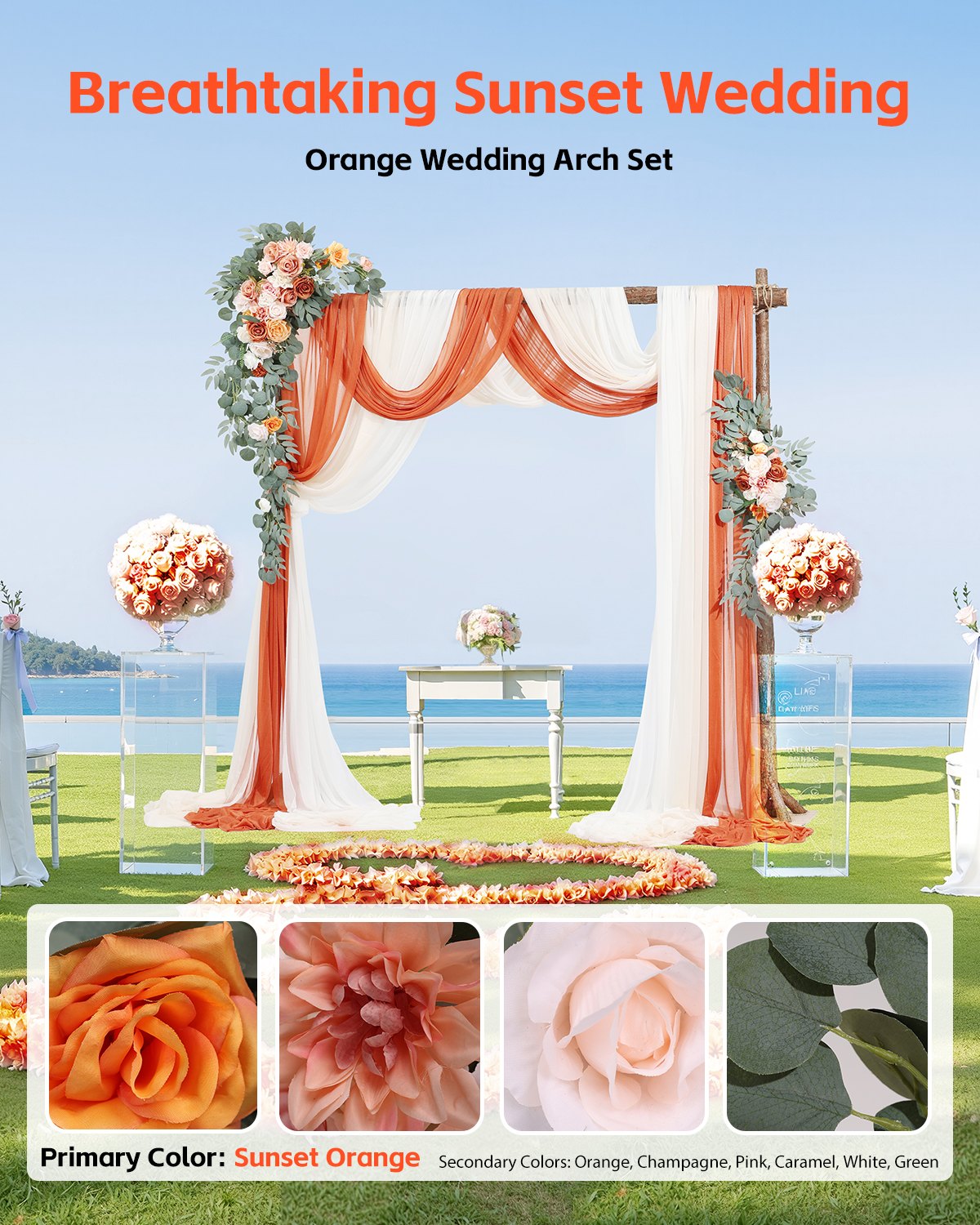 Künstlicher Hochzeitsbogen Blumen Set Orange mit 2 Stück Blumen 3 Stück Vorhänge