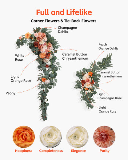 Künstlicher Hochzeitsbogen Blumen Set Orange mit 2 Stück Blumen 3 Stück Vorhänge