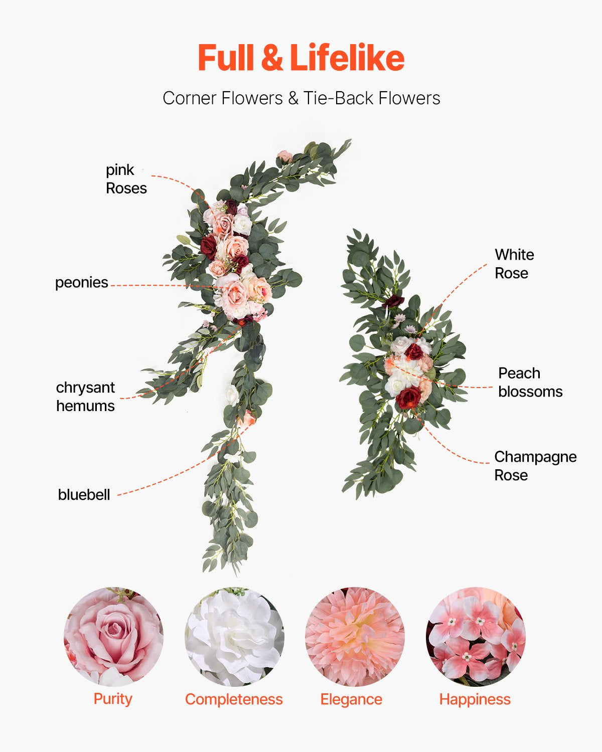 Künstlicher Hochzeitsbogen Blumenset Rosa mit 2 Blumen 3 Vorhängen