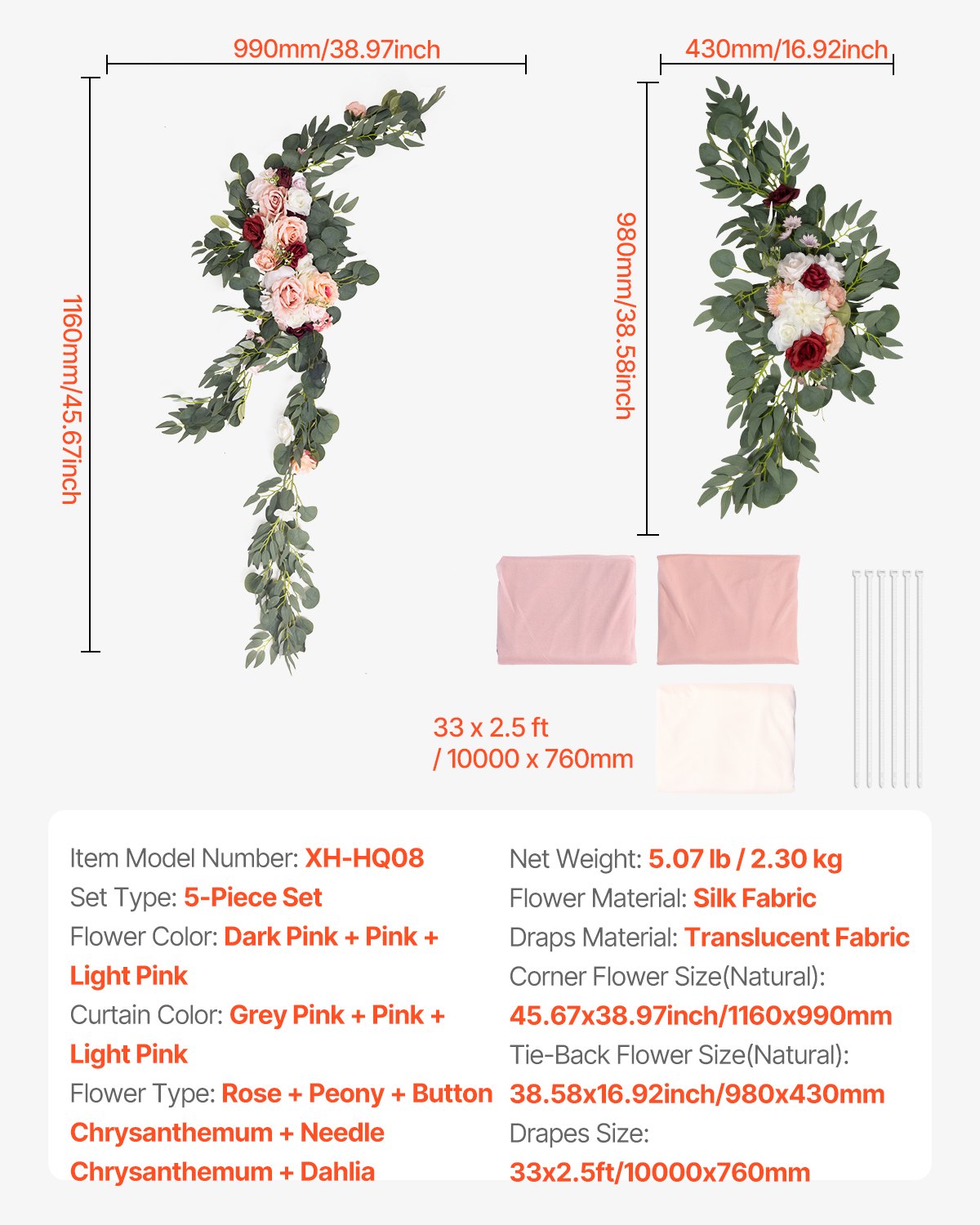 Künstlicher Hochzeitsbogen Blumenset Rosa mit 2 Blumen 3 Vorhängen