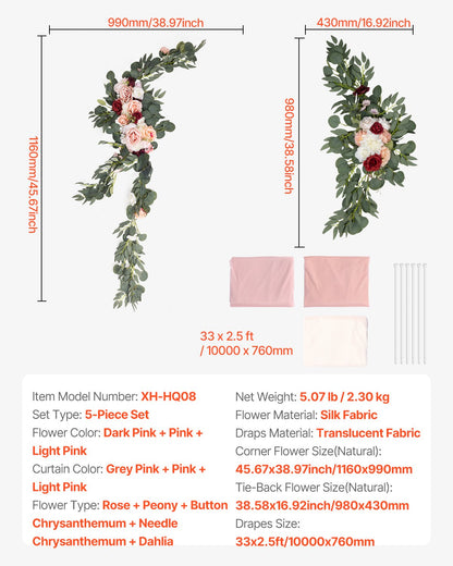 Künstlicher Hochzeitsbogen Blumenset Rosa mit 2 Blumen 3 Vorhängen