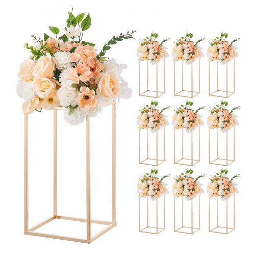 Wedding Flower Stand, 10PCS 15.75-inch Column Flower Stand, Floral Stands with Acrylic Laminate, Gold Rectangular Floral Display Rack for Wedding, Party, Birthday, Home, Gold Centerpiece Stands