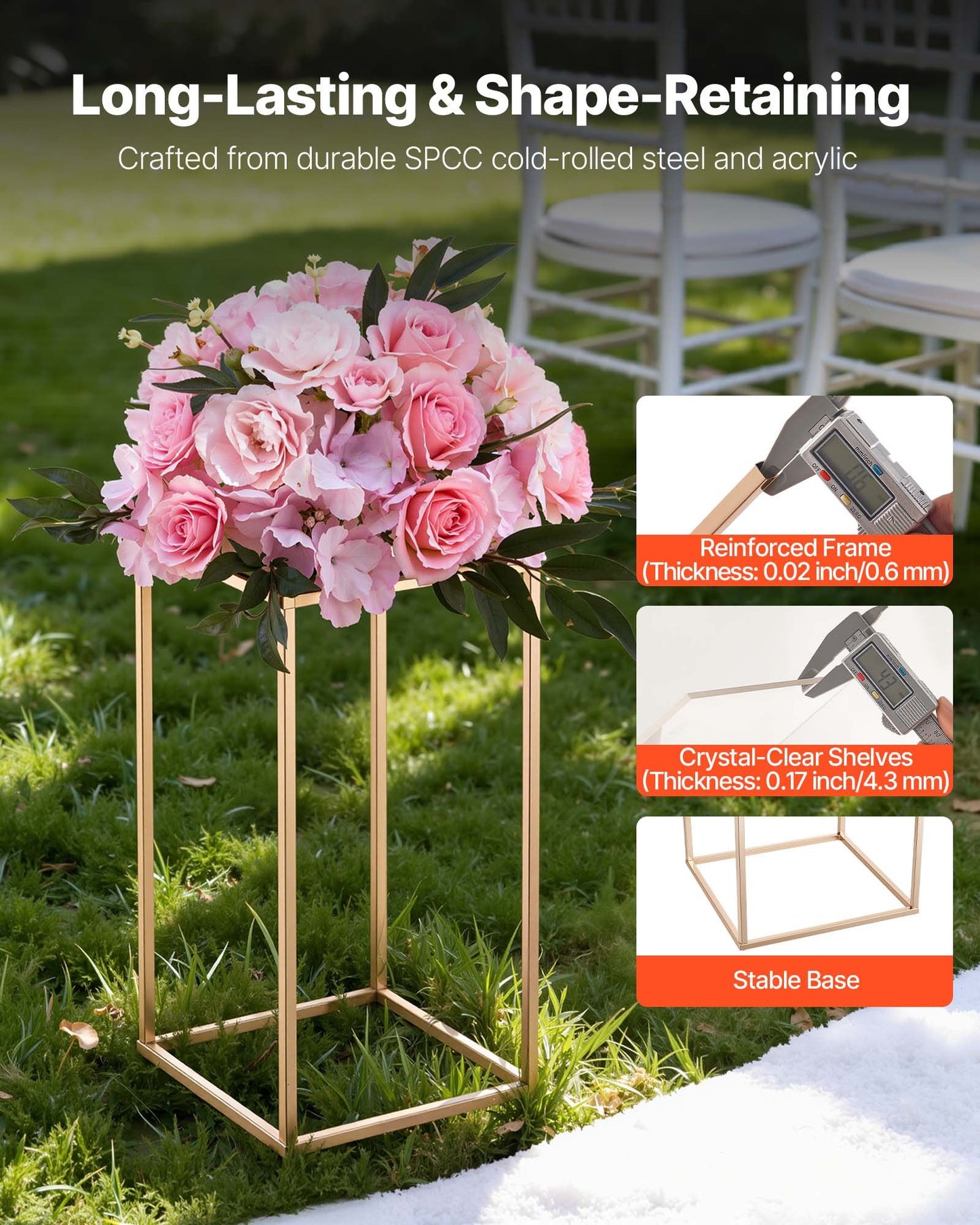 Wedding Flower Stand, 10PCS 15.75-inch Column Flower Stand, Floral Stands with Acrylic Laminate, Gold Rectangular Floral Display Rack for Wedding, Party, Birthday, Home, Gold Centerpiece Stands