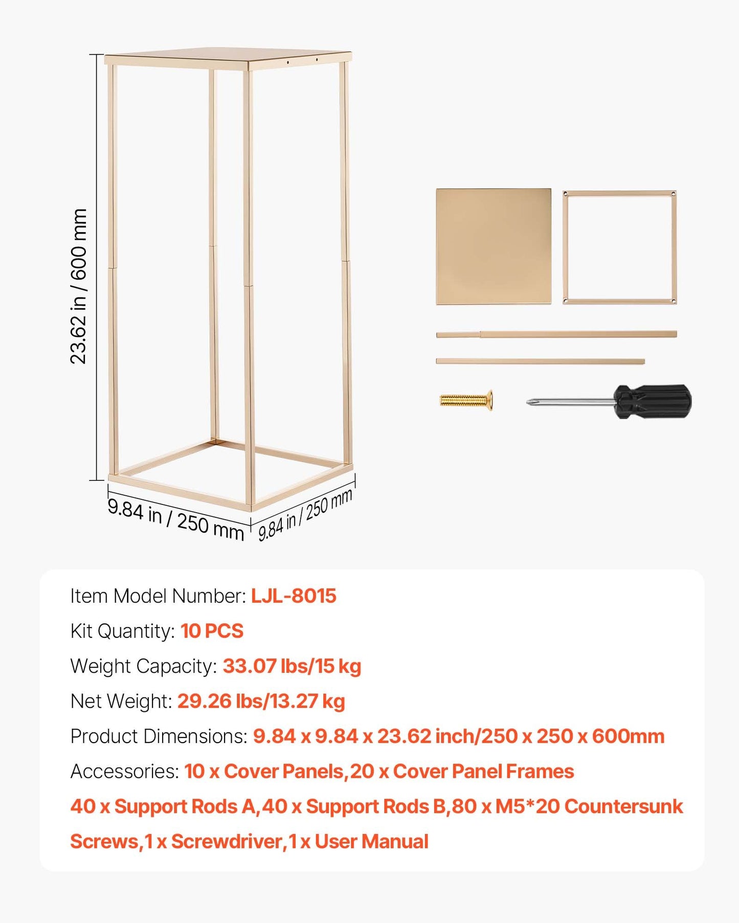 Wedding Flower Stand, 10PCS 23.62-inch Column Flower Stand, Floral Stands with Metal Laminate, Gold Rectangular Floral Display Rack for Wedding, Party, Birthday, Home, Gold Centerpiece Stands