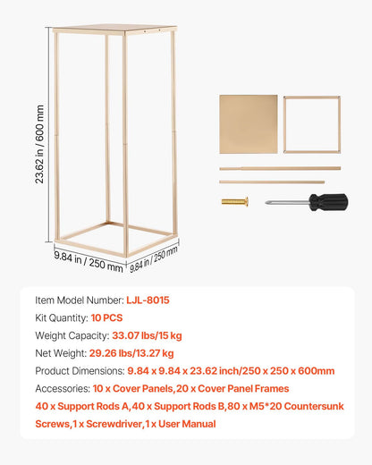 Wedding Flower Stand, 10PCS 23.62-inch Column Flower Stand, Floral Stands with Metal Laminate, Gold Rectangular Floral Display Rack for Wedding, Party, Birthday, Home, Gold Centerpiece Stands