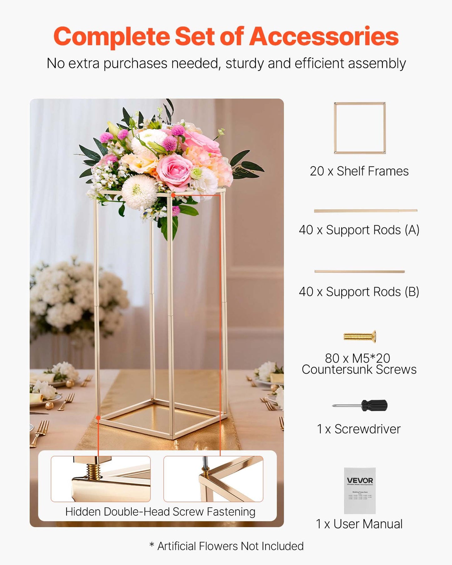 Wedding Flower Stand, 10PCS 23.62-inch Column Flower Stand, Floral Stands with Hidden Screw, Rectangular Cubic Floral Display Rack for Wedding, Party, Birthday, Home, Gold Centerpiece Stands