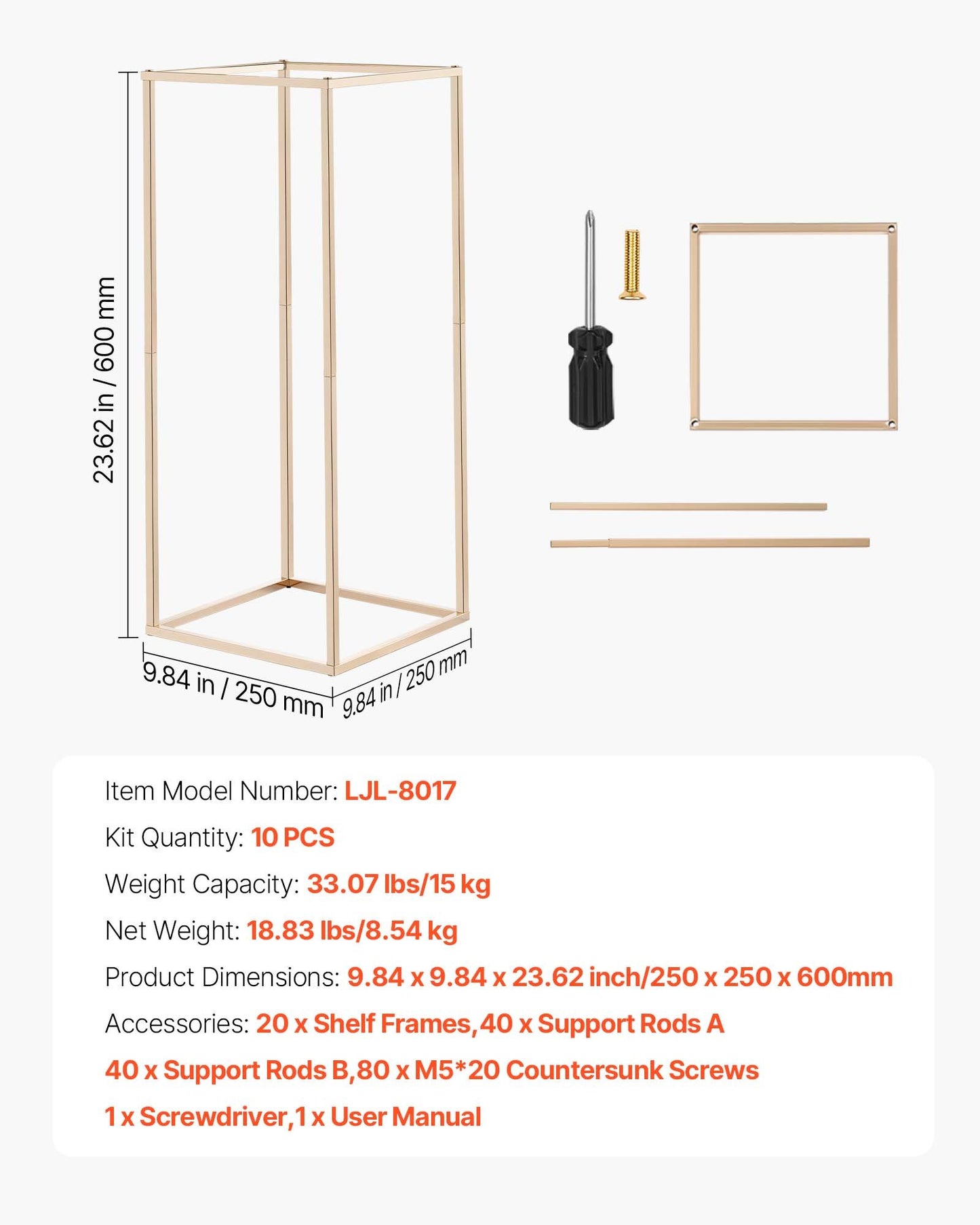 Wedding Flower Stand, 10PCS 23.62-inch Column Flower Stand, Floral Stands with Hidden Screw, Rectangular Cubic Floral Display Rack for Wedding, Party, Birthday, Home, Gold Centerpiece Stands