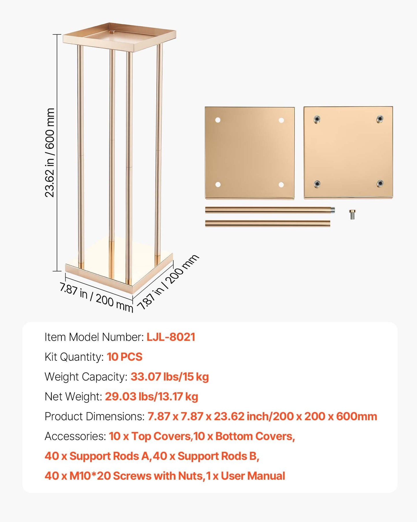 Wedding Flower Stand, 10PCS 23.62-inch Column Flower Stand, Floral Stands with Metal Laminate, Cylindrical Cubic Floral Display Rack for Wedding, Party, Birthday, Home, Gold Centerpiece Stands