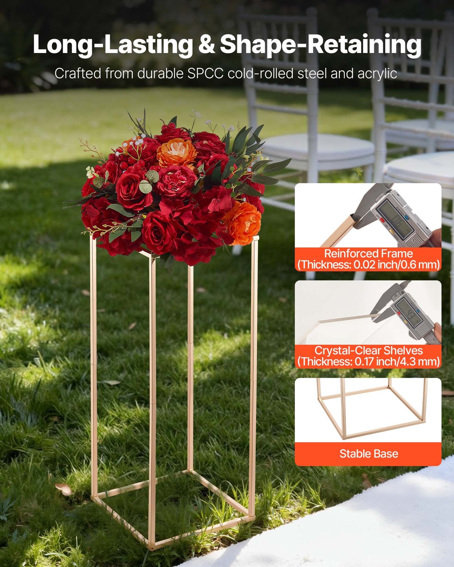 Wedding Flower Stand, 10PCS 23.62-inch Column Flower Stand, Floral Stands with Acrylic Laminate, Gold Rectangular Floral Display Rack for Wedding, Party, Birthday, Home, Gold Centerpiece Stands