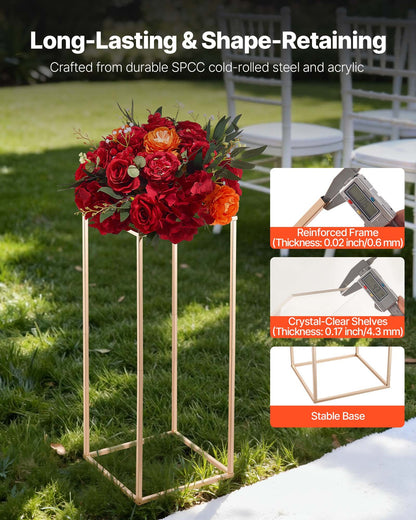 Wedding Flower Stand, 10PCS 23.62-inch Column Flower Stand, Floral Stands with Acrylic Laminate, Gold Rectangular Floral Display Rack for Wedding, Party, Birthday, Home, Gold Centerpiece Stands